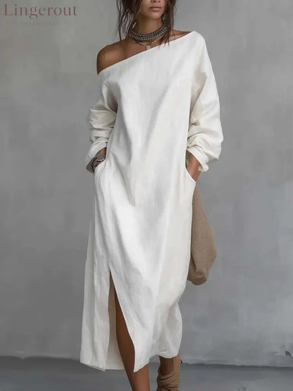 Loose-fitting One Shoulder Split Hem Cotton Linen Midi Dress - White / S - Dresses