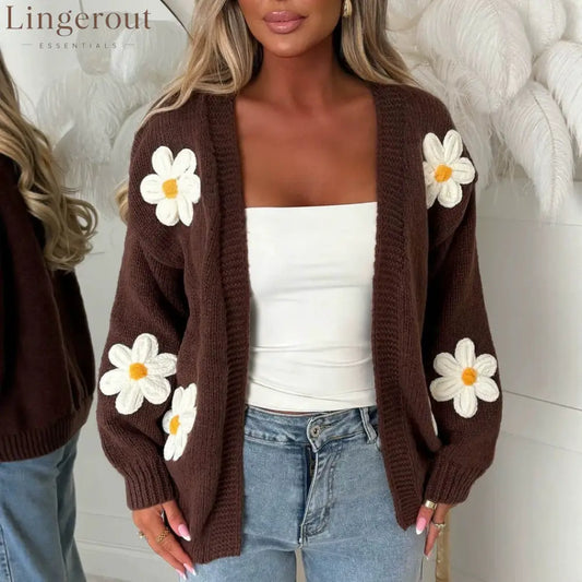 Sweet Big Flower Knitted Cardigan For Women Cross-Border Foreign Trade Autumn And Winter New Loose Handmade