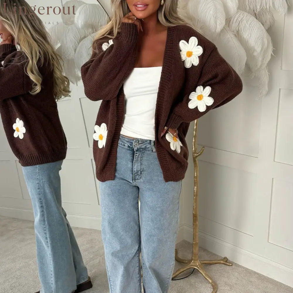 Sweet Big Flower Knitted Cardigan For Women Cross-Border Foreign Trade Autumn And Winter New Loose Handmade