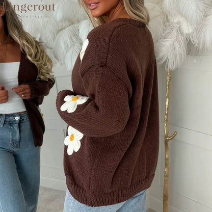Sweet Big Flower Knitted Cardigan For Women Cross-Border Foreign Trade Autumn And Winter New Loose Handmade