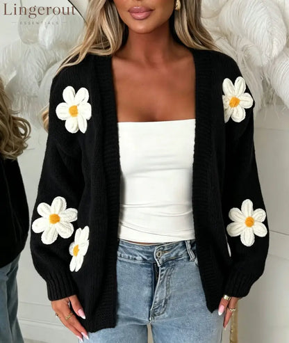 Sweet Big Flower Knitted Cardigan For Women Cross-Border Foreign Trade Autumn And Winter New Loose Handmade