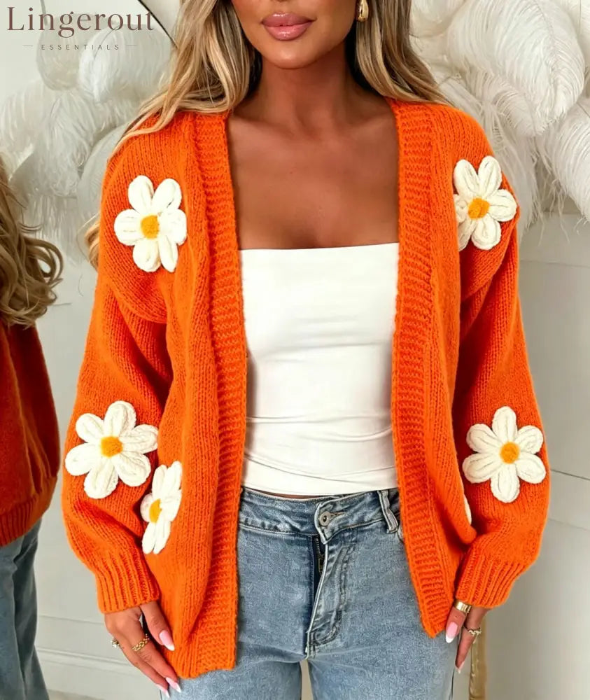Sweet Big Flower Knitted Cardigan For Women Cross-Border Foreign Trade Autumn And Winter New Loose Handmade