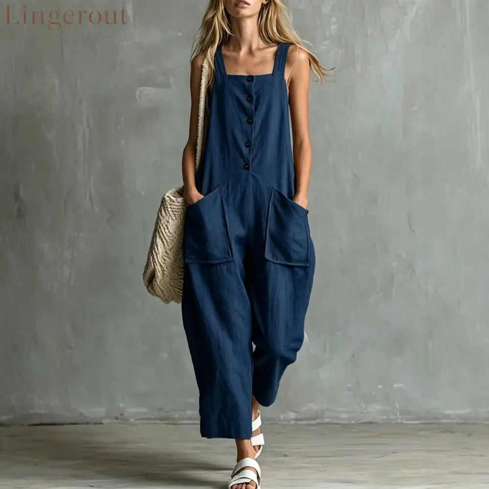 Loose Linen Square Neck Sleeveless Pocket Jumpsuit Casual Overall
