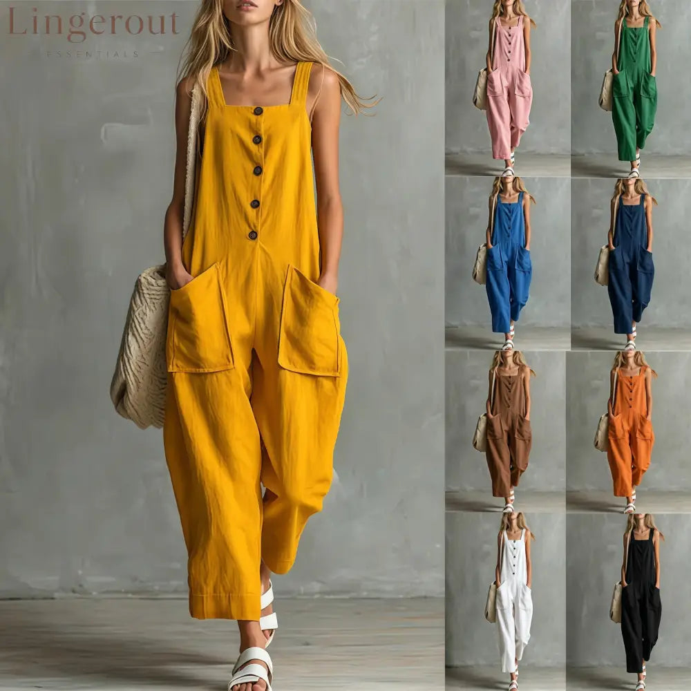 Loose Linen Square Neck Sleeveless Pocket Jumpsuit Casual Overall