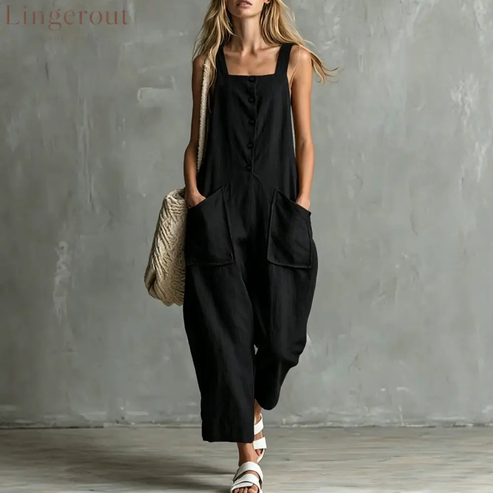 Loose Linen Square Neck Sleeveless Pocket Jumpsuit Casual Overall - Black / S