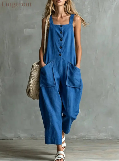 Loose Linen Square Neck Sleeveless Pocket Jumpsuit Casual Overall - Blue / S