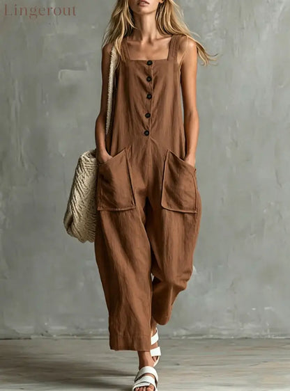 Loose Linen Square Neck Sleeveless Pocket Jumpsuit Casual Overall - Dark brown / S