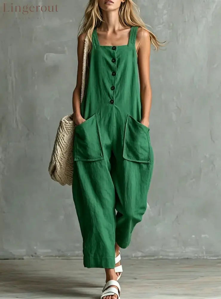 Loose Linen Square Neck Sleeveless Pocket Jumpsuit Casual Overall - Green / S
