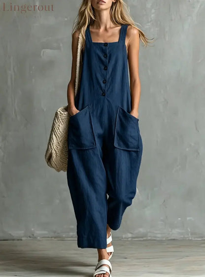 Loose Linen Square Neck Sleeveless Pocket Jumpsuit Casual Overall - Navy blue / S