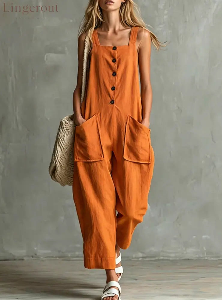 Loose Linen Square Neck Sleeveless Pocket Jumpsuit Casual Overall - Orange / S