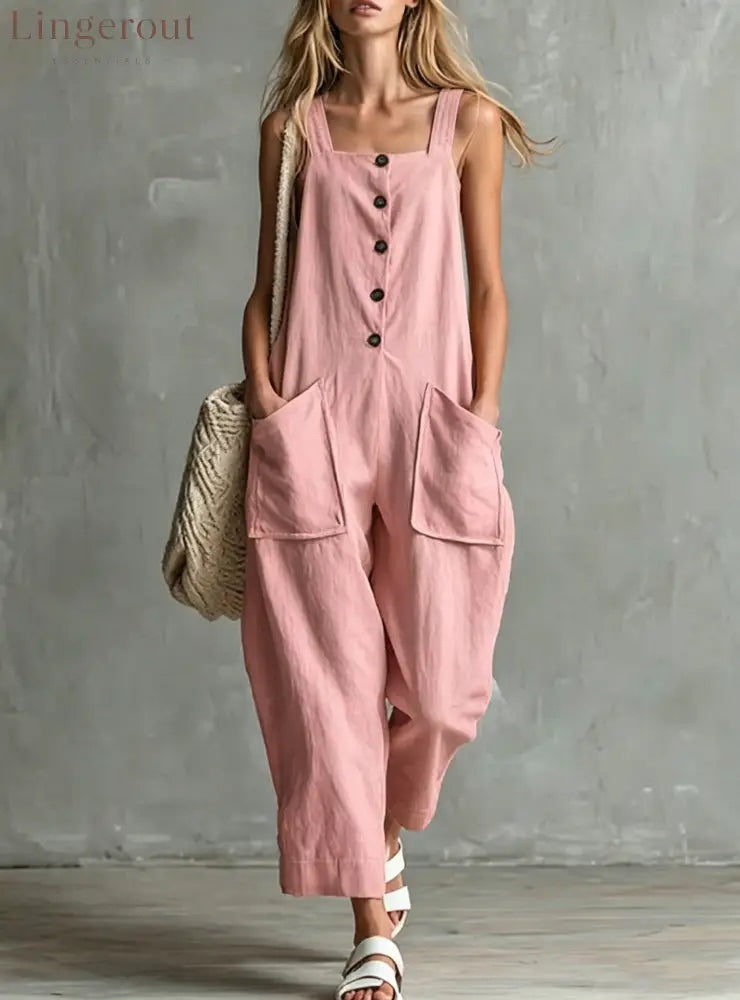 Loose Linen Square Neck Sleeveless Pocket Jumpsuit Casual Overall - Pink / S