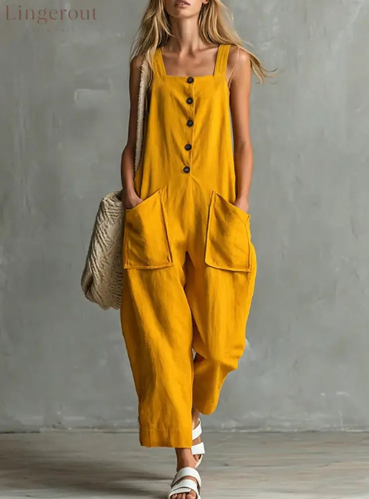 Loose Linen Square Neck Sleeveless Pocket Jumpsuit Casual Overall - Yellow / S