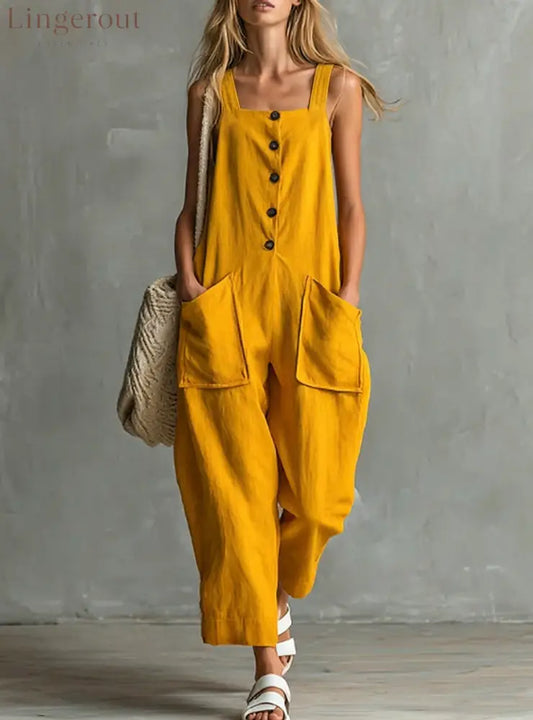 Loose Linen Square Neck Sleeveless Pocket Jumpsuit Casual Overall - Yellow / S