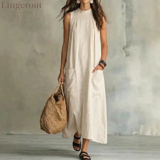Loose Pocket Sleeveless Linen Blend Maxi Dress
