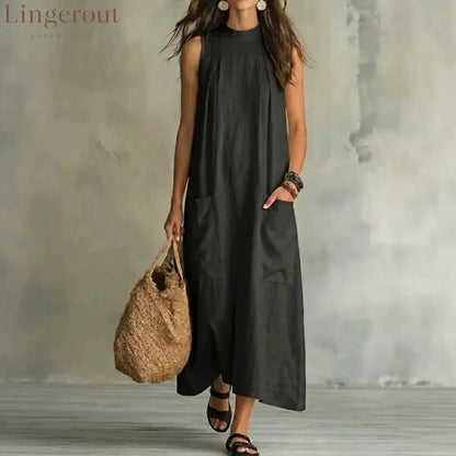 Loose Pocket Sleeveless Linen Blend Maxi Dress