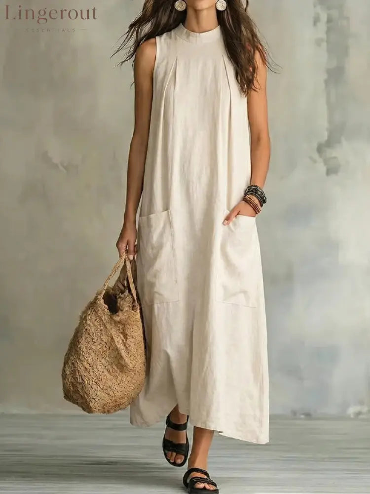 Loose Pocket Sleeveless Linen Blend Maxi Dress - Apricot / S