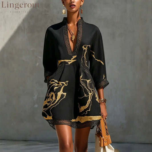 Loose Resort Style Cotton And Linen Short Dress With Straps