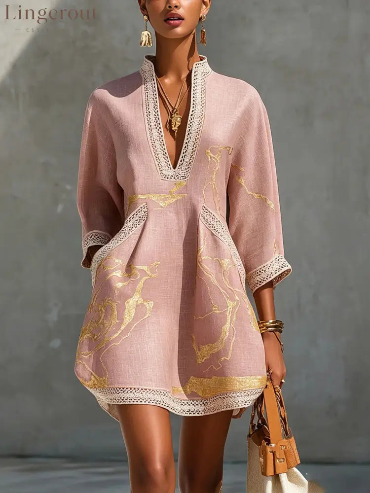 Loose Resort Style Cotton And Linen Short Dress With Straps - Pink / XS