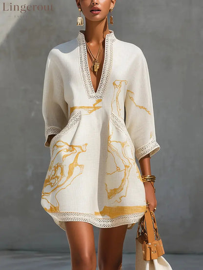 Loose Resort Style Cotton And Linen Short Dress With Straps - White / XS
