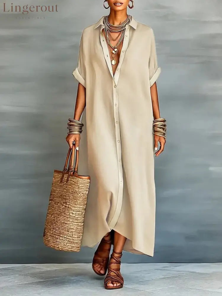 Loose Short Sleeves Buttoned Pockets Split-Joint Lapel Maxi Dresses - KHAKI / S