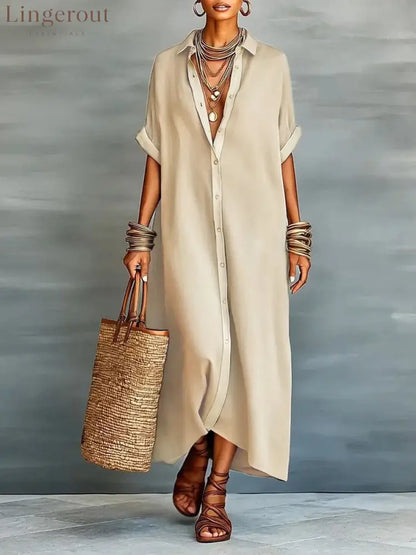 Loose Short Sleeves Buttoned Pockets Split-Joint Lapel Maxi Dresses - KHAKI / S