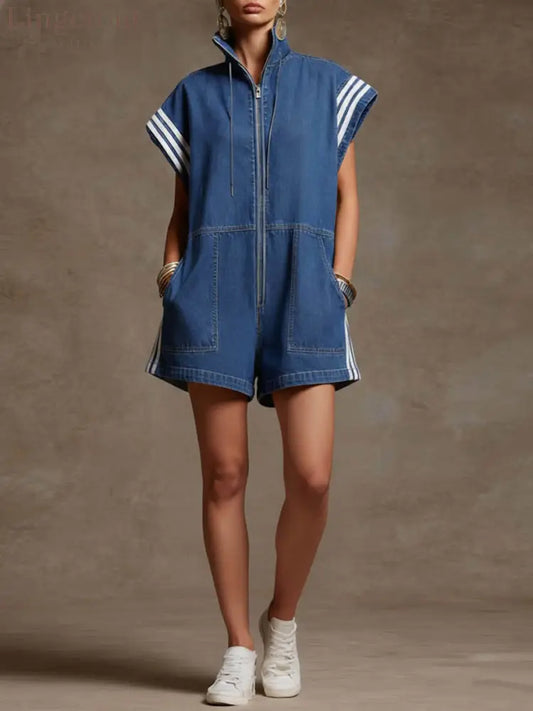 Loose Sleeveless Contrast Color Drawstring Pockets Split-Joint Striped Zipper Stand Collar Rompers - BLUE / S