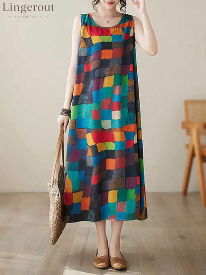 Loose Sleeveless Contrast Color Multi-Colored Plaid Round-Neck Midi Dresses