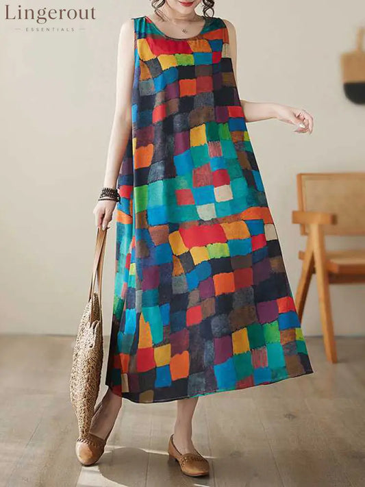 Loose Sleeveless Contrast Color Multi-Colored Plaid Round-Neck Midi Dresses - RED BLUE / M