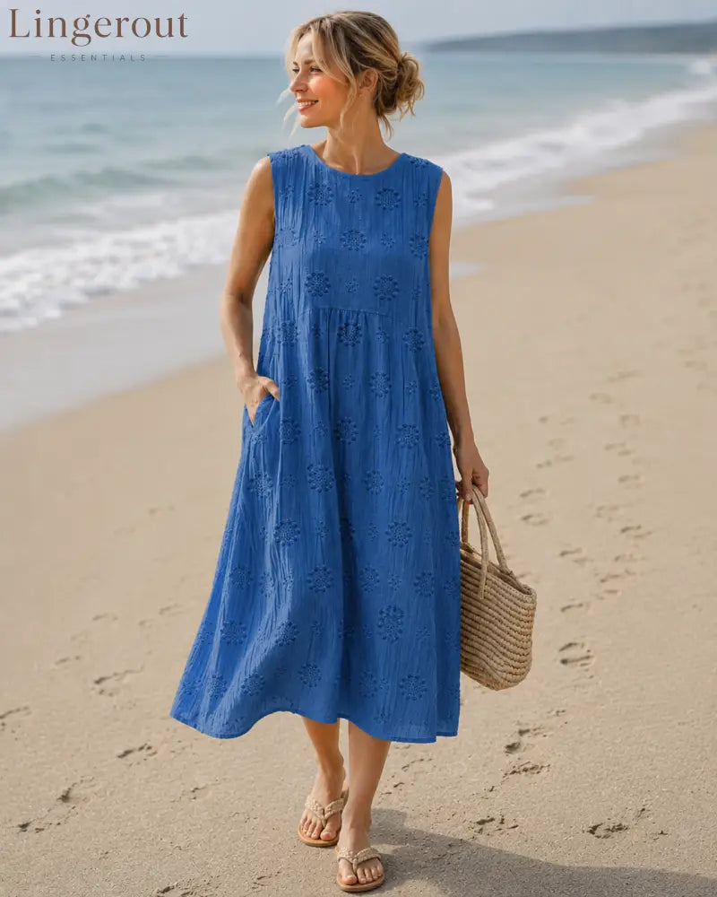 Manon - Airy Tummy-Camouflaging Midi Dress with Embroidery - Blue / S - DRESSES