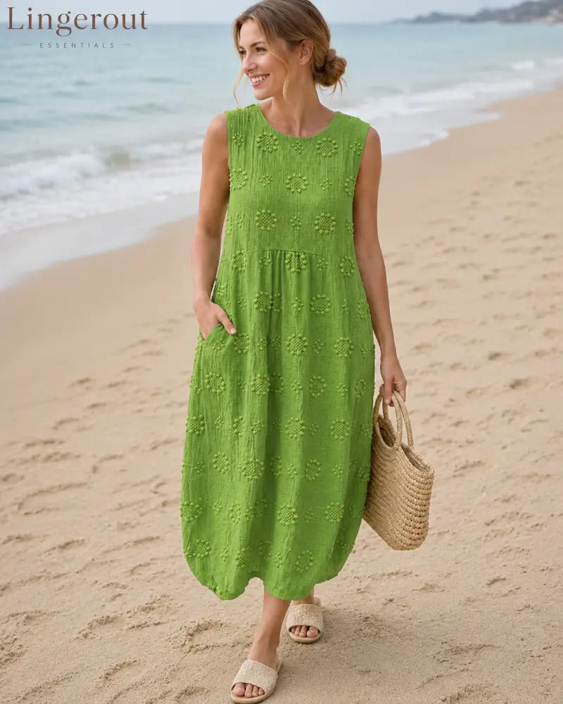 Manon - Airy Tummy-Camouflaging Midi Dress with Embroidery - Green / S - DRESSES