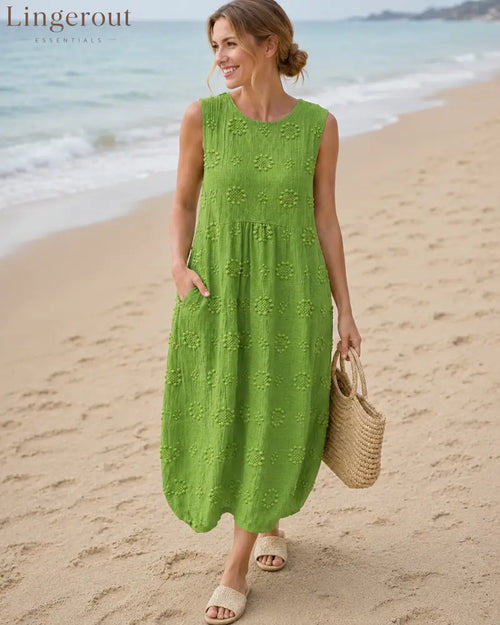 Manon - Airy Tummy-Camouflaging Midi Dress with Embroidery - Green / S - DRESSES