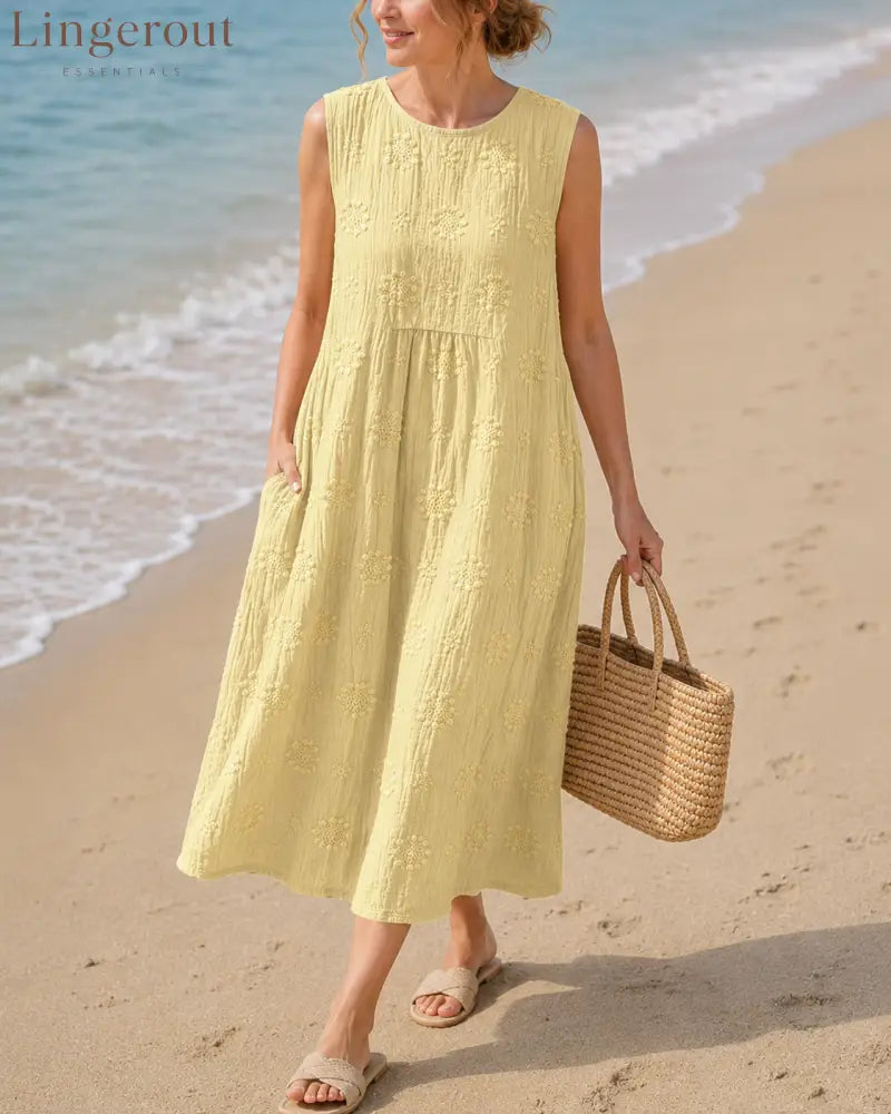 Manon - Airy Tummy-Camouflaging Midi Dress with Embroidery - Light Yellow / S - DRESSES