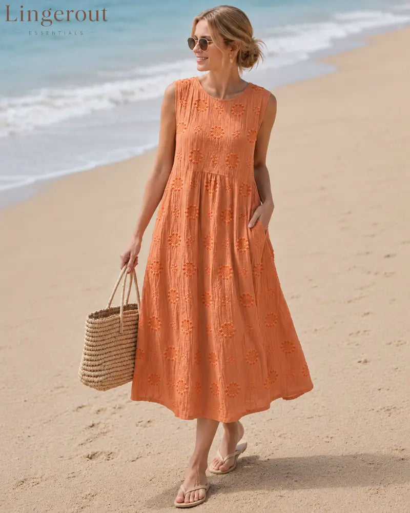 Manon - Airy Tummy-Camouflaging Midi Dress with Embroidery - Orange / S - DRESSES