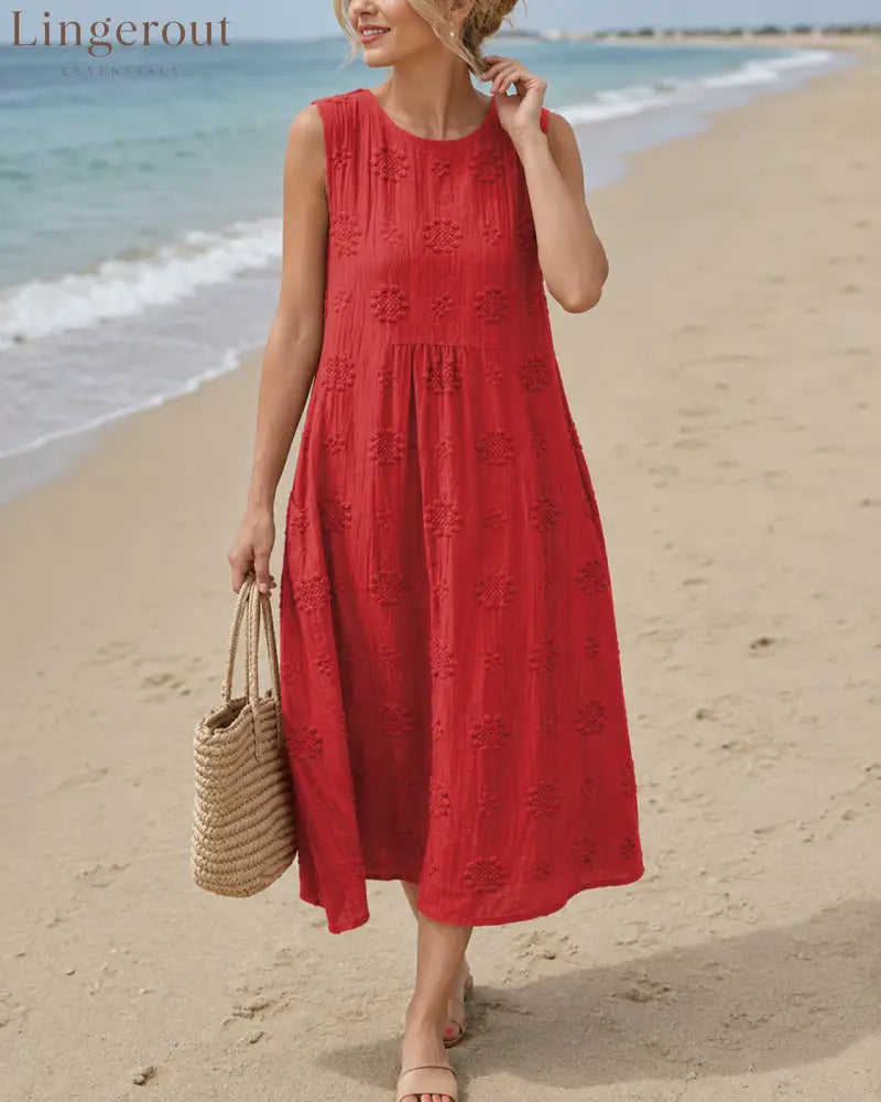 Manon - Airy Tummy-Camouflaging Midi Dress with Embroidery - Red / S - DRESSES