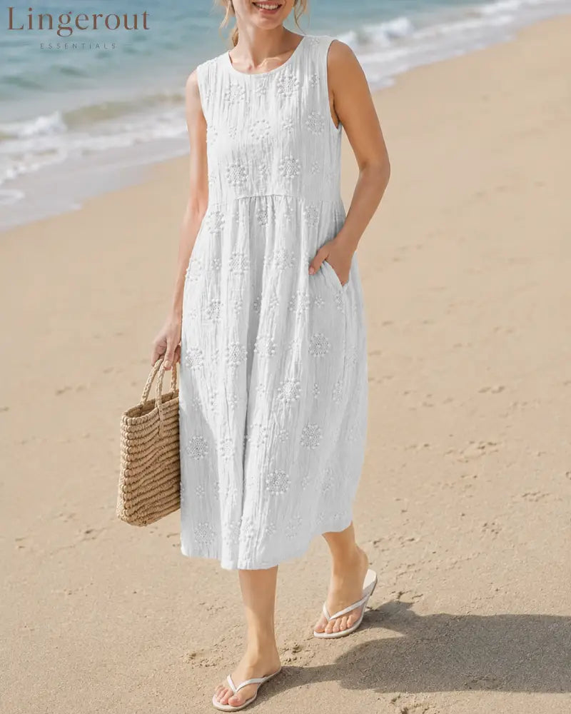 Manon - Airy Tummy-Camouflaging Midi Dress with Embroidery - White / S - DRESSES