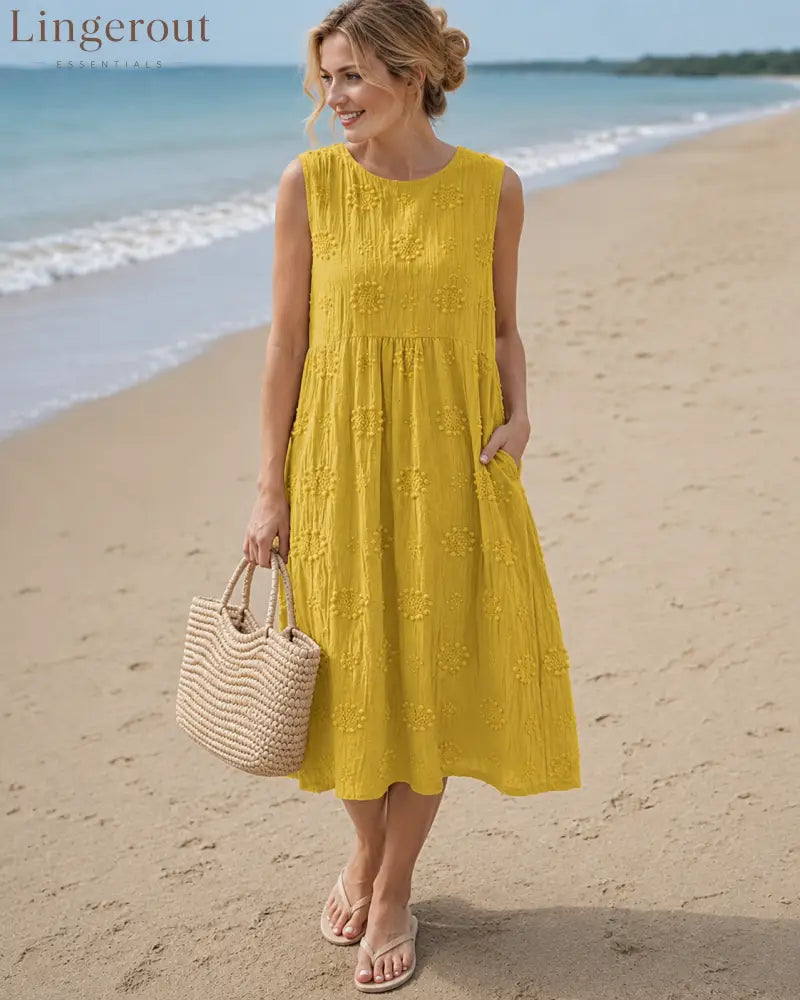 Manon - Airy Tummy-Camouflaging Midi Dress with Embroidery - Yellow / S - DRESSES