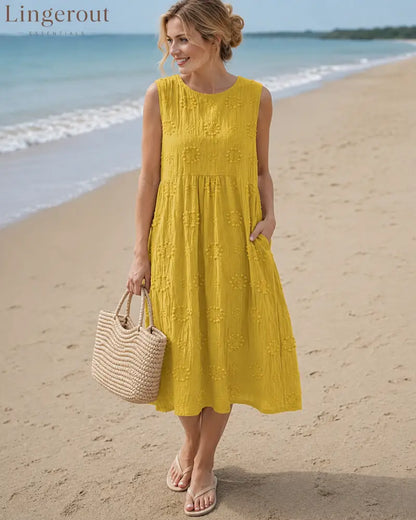 Manon - Airy Tummy-Camouflaging Midi Dress with Embroidery - Yellow / S - DRESSES
