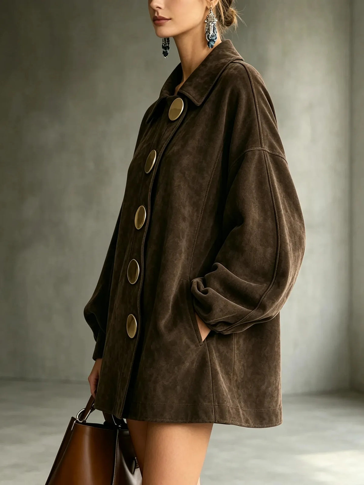 margot oversized faux suede jacket dress in chocolate brown - side view showing balloon sleeves and pocket