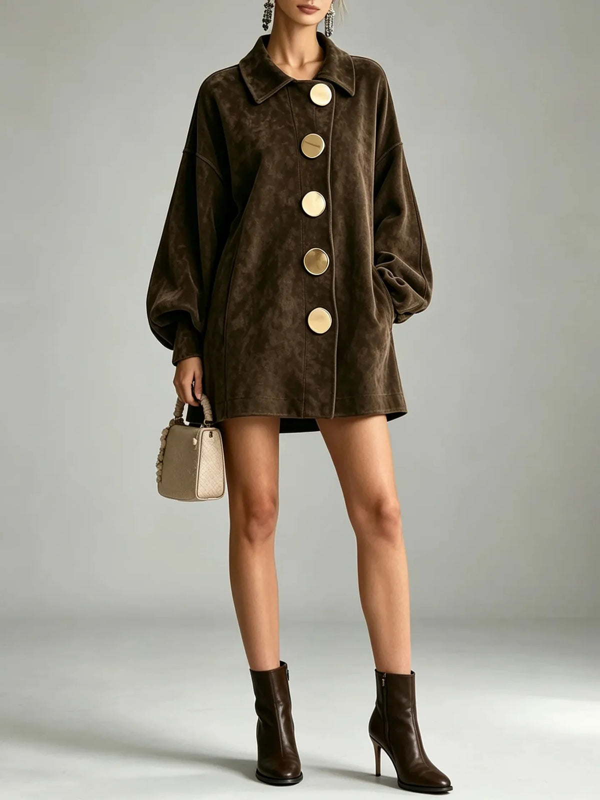 margot oversized faux suede jacket dress in chocolate brown worn as a mini dress with ankle boots - full length