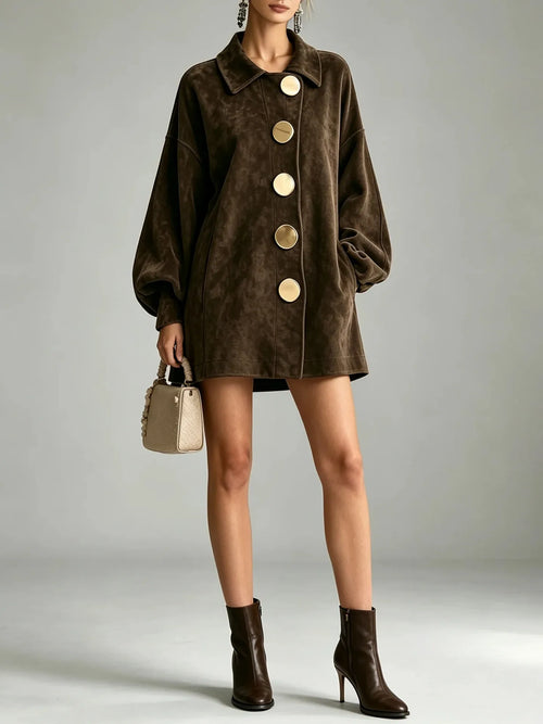 margot oversized faux suede jacket dress in chocolate brown worn as a mini dress with ankle boots - full length