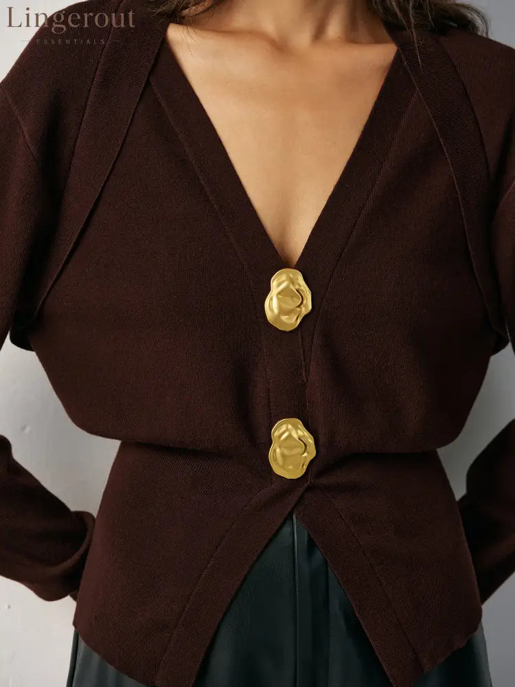 Metal Detail V-Neck Wool Blend Sweater