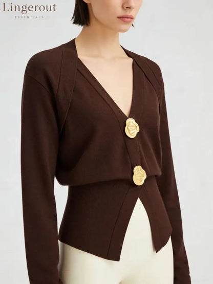 Metal Detail V-Neck Wool Blend Sweater