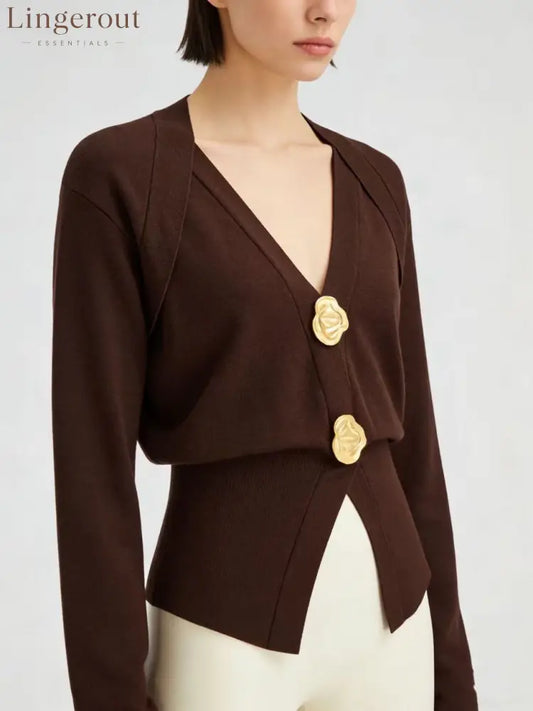 Metal Detail V-Neck Wool Blend Sweater