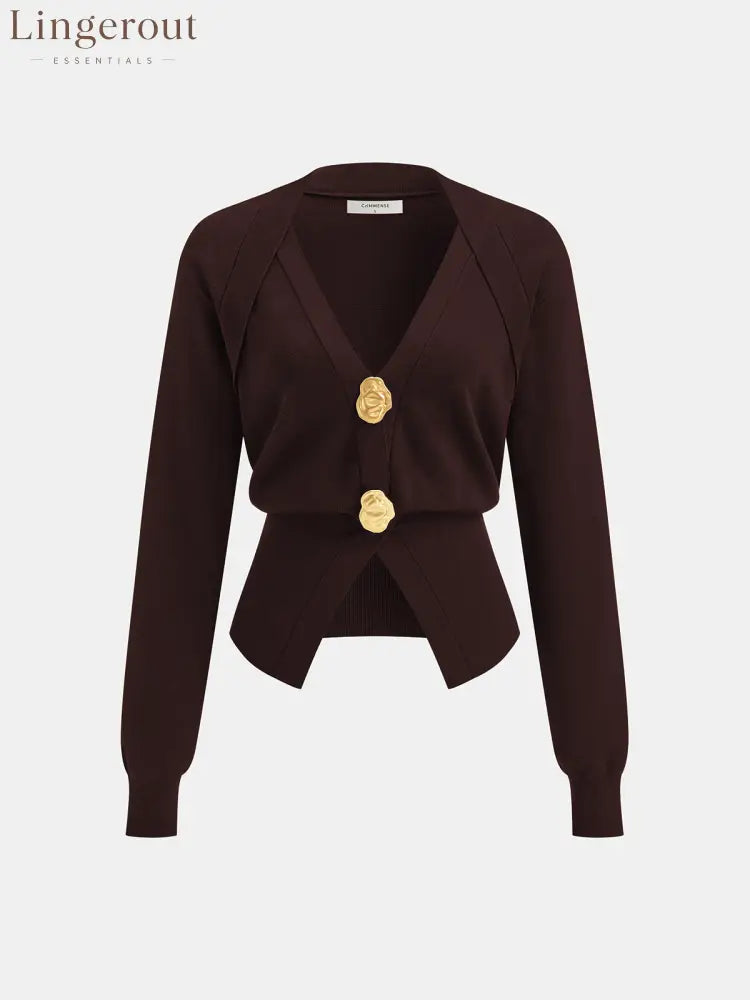 Metal Detail V-Neck Wool Blend Sweater - Burgundy / XS
