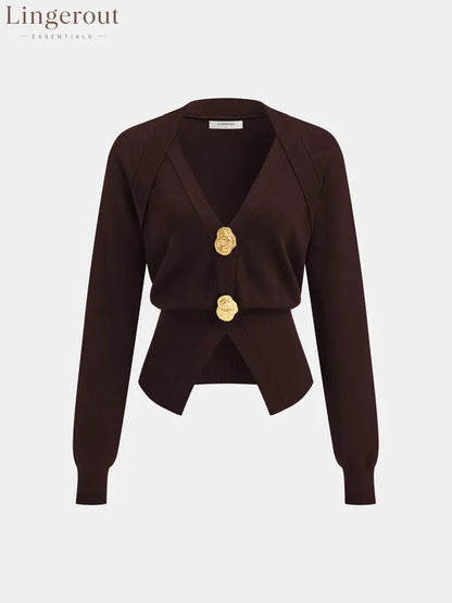 Metal Detail V-Neck Wool Blend Sweater - Burgundy / XS