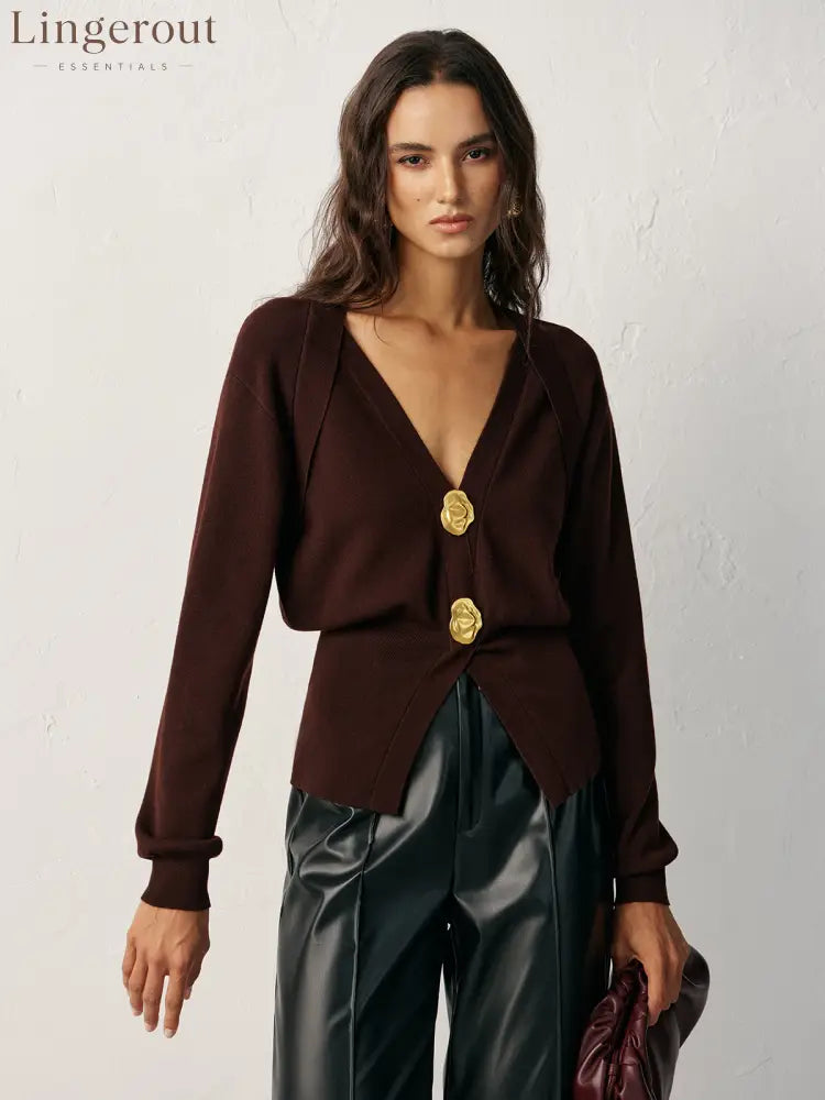 Metal Detail V-Neck Wool Blend Sweater - Dark Brown / XS