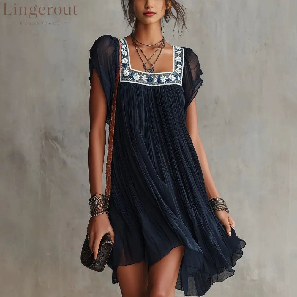 Midnight Floral Embroidered Pleated Mini Dress