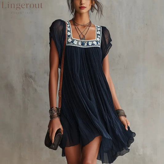 Midnight Floral Embroidered Pleated Mini Dress