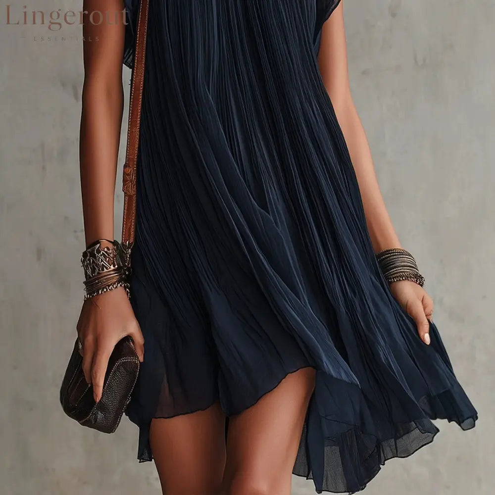 Midnight Floral Embroidered Pleated Mini Dress