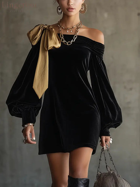 MINI VELVET DRESS WITH GOLD BOW - ONLY / XS
